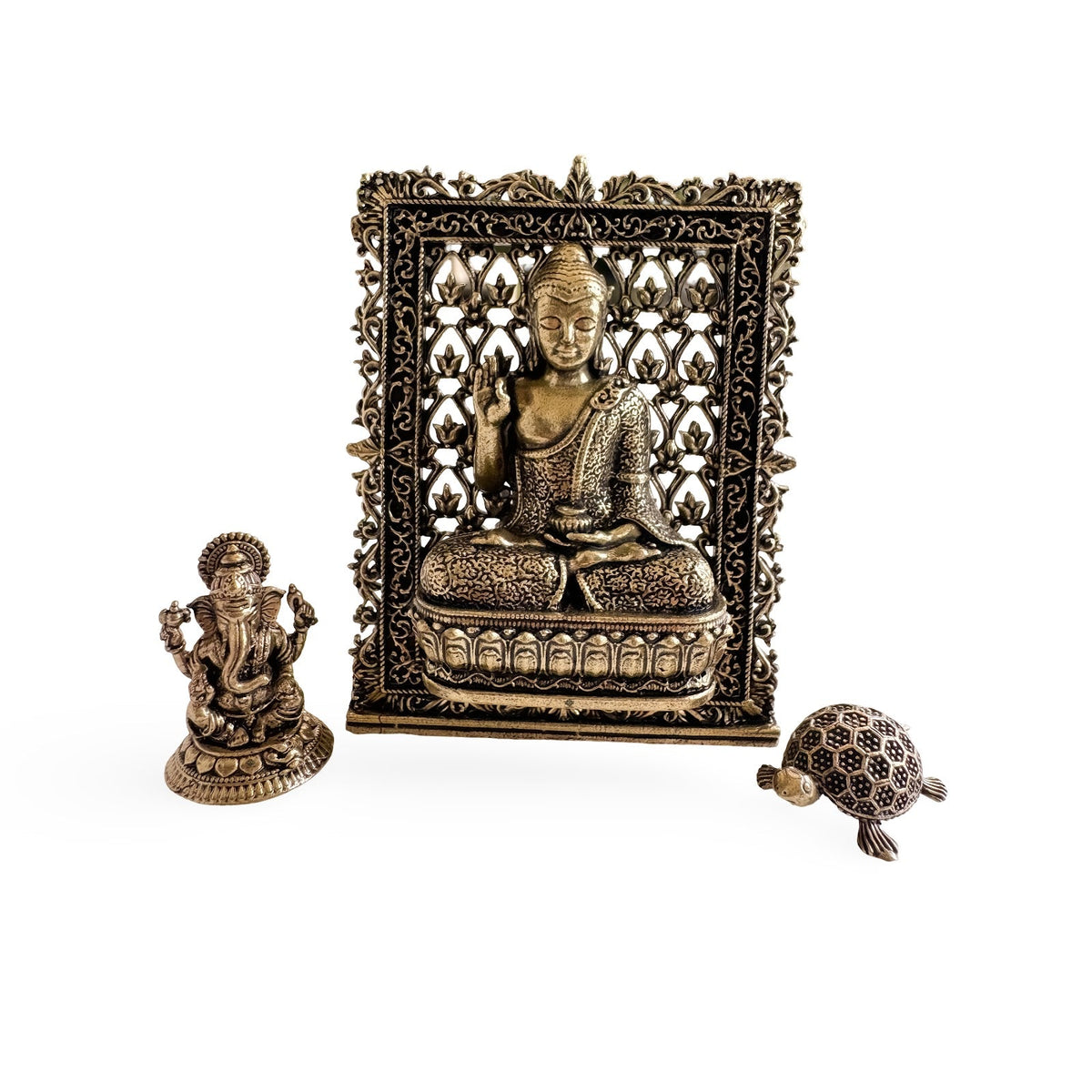 Pure Brass Miniature Buddha, Ganesha & Tortoise Murti Combo For Office Desk