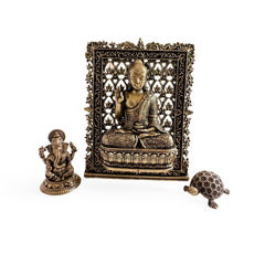 Pure Brass Miniature Buddha, Ganesha & Tortoise Murti Combo For Office Desk