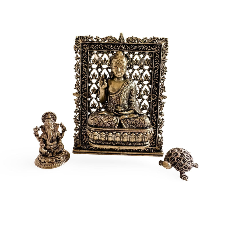 Pure Brass Miniature Buddha, Ganesha & Tortoise Murti Combo For Office Desk