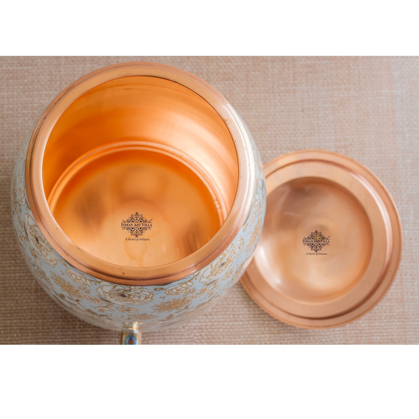 Handcrafted Pure Copper Water Pot with Gold Print Design, Ayurveda Water Vessel, 10 Ltr.