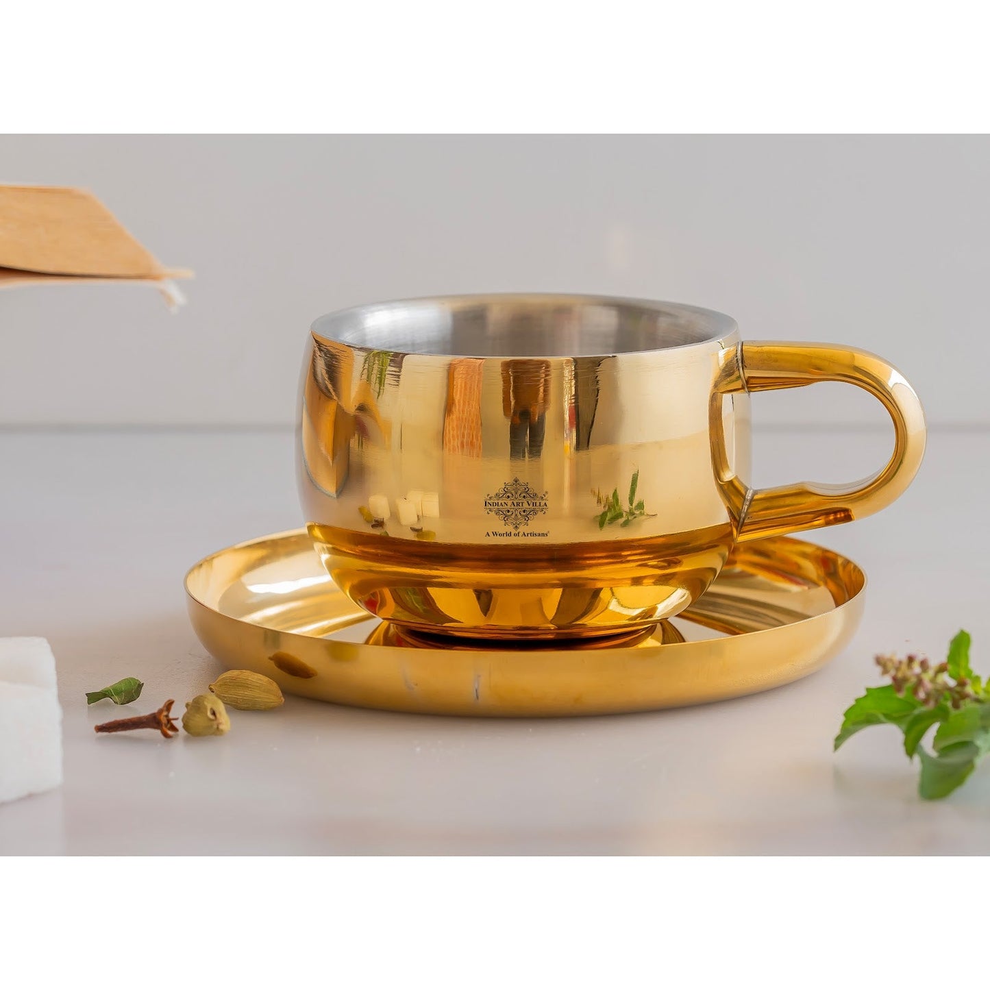 Stainless Steel Brass Gold Finish Insulated Cup With Plate