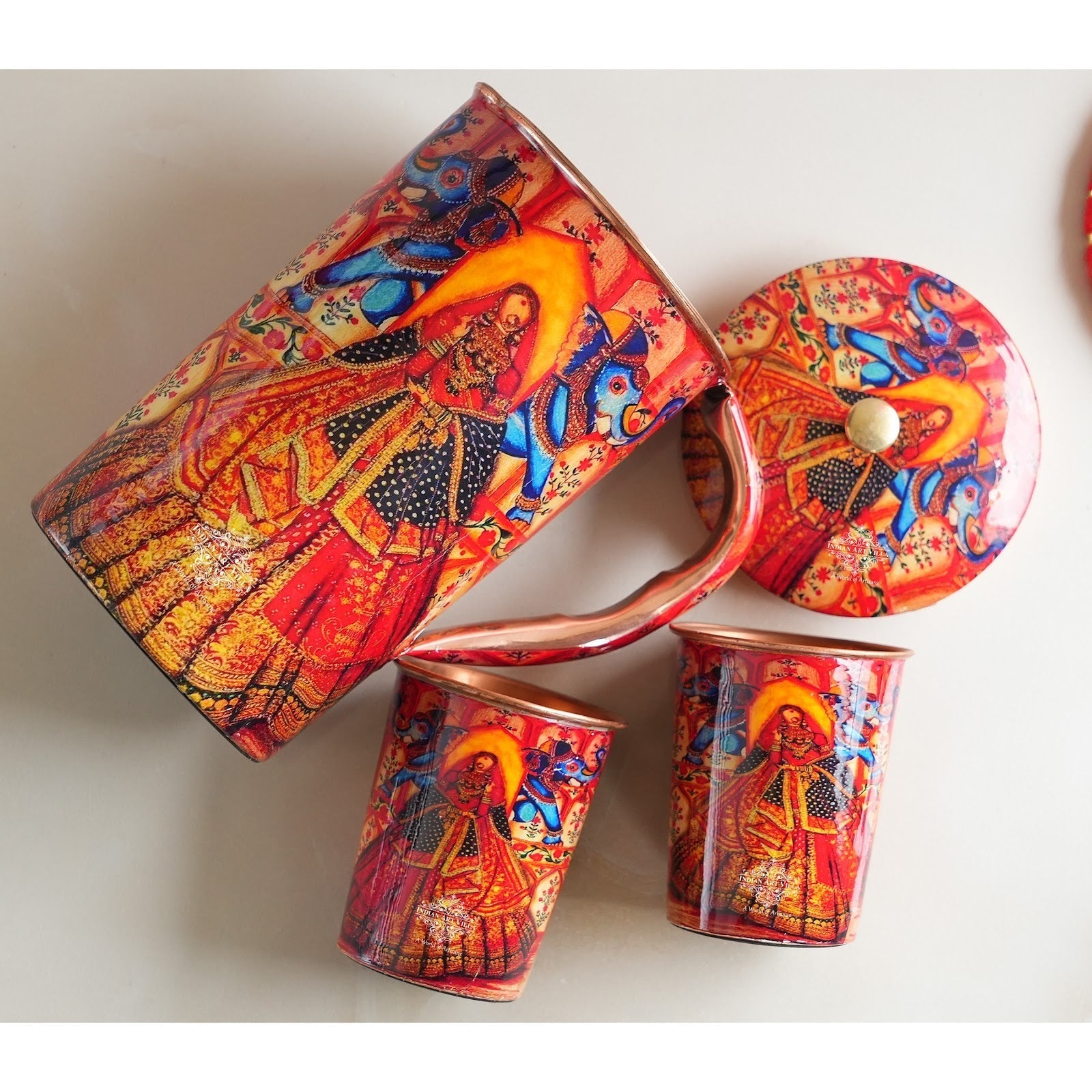 Pure Copper Printed Padharo Mhare Desh Jug & Glass Gift Set