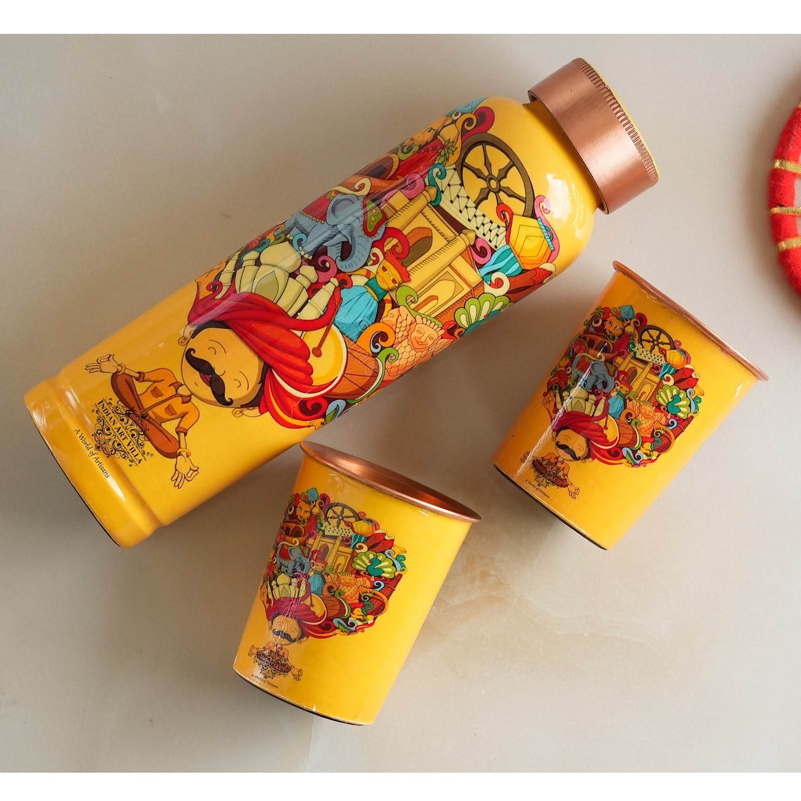 Rajasthani Meena "Padharo Mhare Desh" Printed Copper Bottle & Glass Set