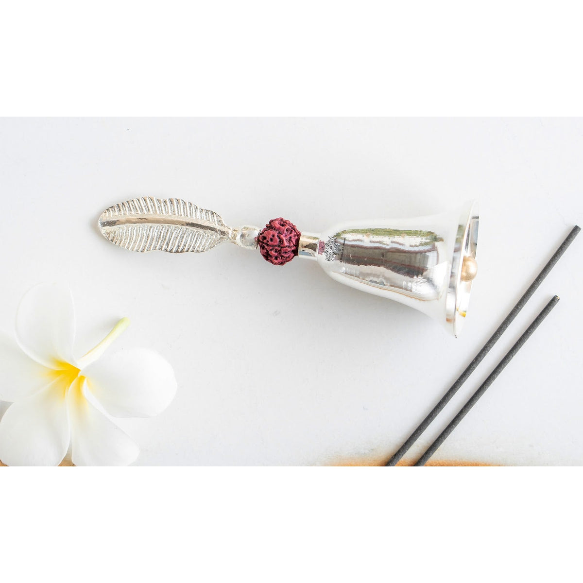 Silver Plated Pooja Bell with Leaf Design & Rudraksha - 17.53 CM
