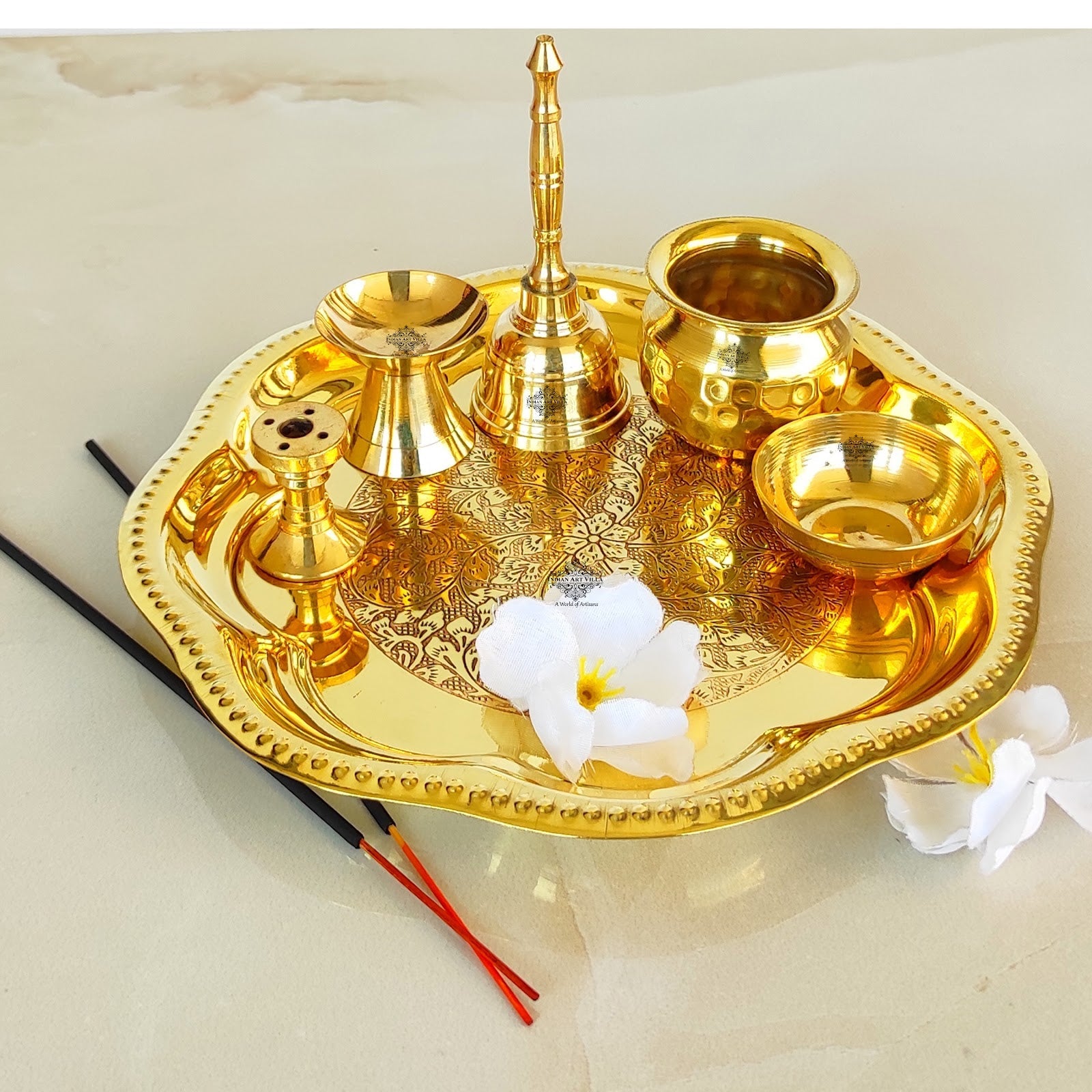 Brass Floral Embossed Design 6 Pieces Pooja Thali Set, Religious Spiritual Item, Home Temple, Width-20.83 cm