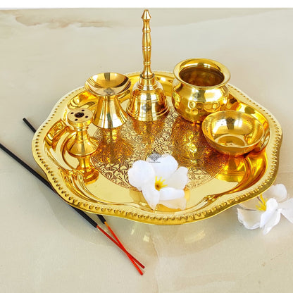Brass Floral Embossed Design 6 Pieces Pooja Thali Set, Religious Spiritual Item, Home Temple, Width-20.83 cm