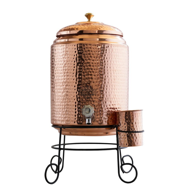 Pure Copper Hammered Design Water Pot Heavy Gauge with Brass Tap & Copper Glass & Stand, Volume- 10 liters