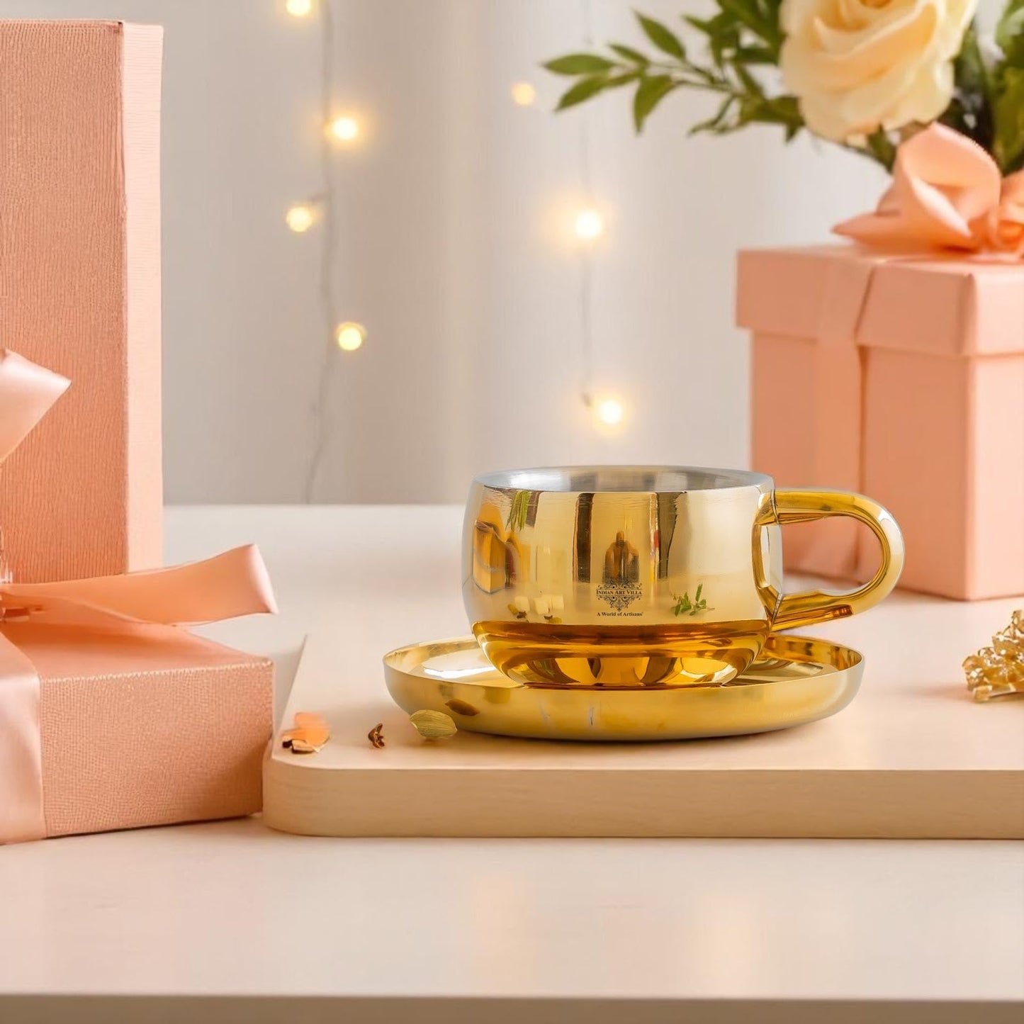 Stainless Steel Brass Gold Finish Insulated Cup With Plate