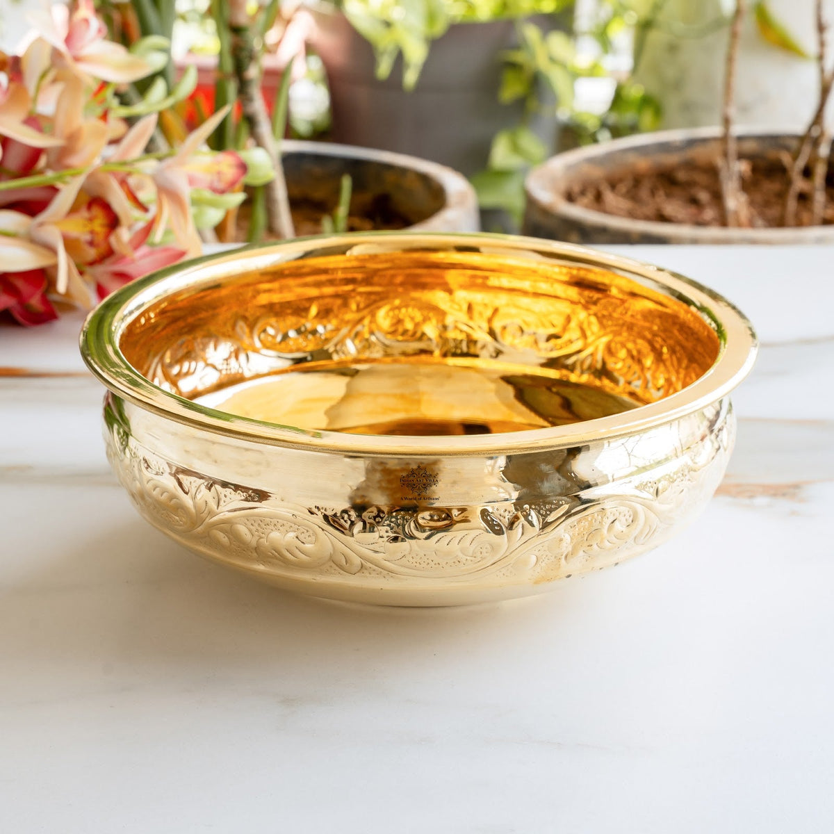 Handmade Pure Brass Urli with Floral Vine Border For Home Décor - 3300 ML