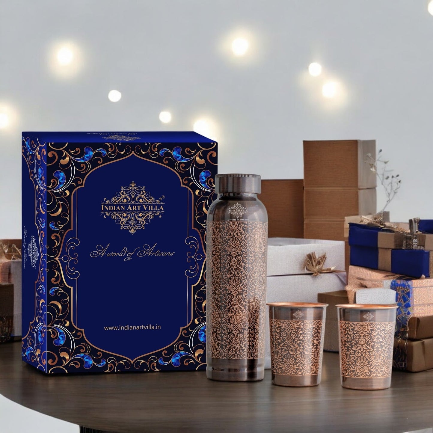 Antique Embossed Copper Bottle Gift Set – Includes 1 Designer Copper Bottle & 2 Matching Glasses | Ideal for Daily Use, Ayurvedic Health Benefits, Office Desk, Home Décor & Festive Gifting-1450 ML