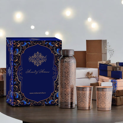 Antique Embossed Copper Bottle Gift Set – Includes 1 Designer Copper Bottle & 2 Matching Glasses | Ideal for Daily Use, Ayurvedic Health Benefits, Office Desk, Home Décor & Festive Gifting-1450 ML