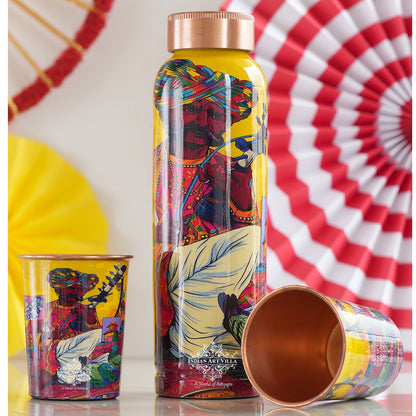 Rajasthani Meena "Padharo Mhare Desh" Printed Copper Bottle & Glass Set
