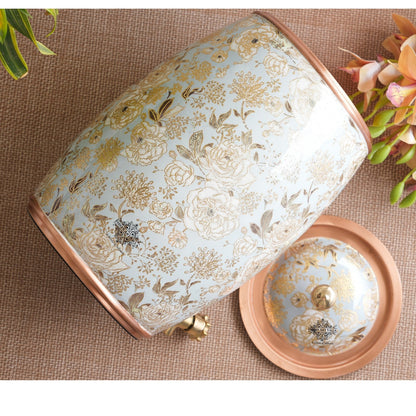 Handcrafted Pure Copper Water Pot with Gold Print Design, Ayurveda Water Vessel, 10 Ltr.