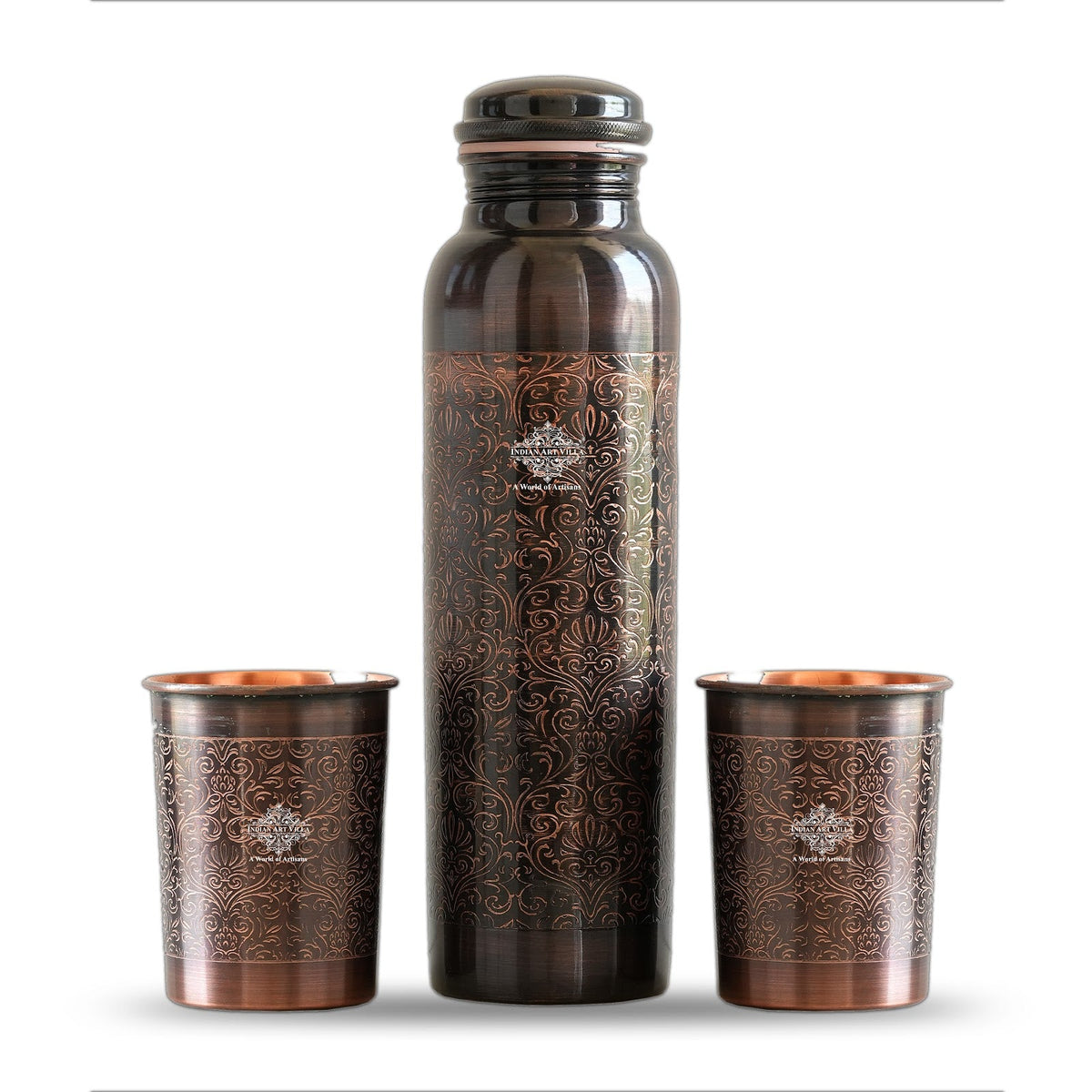 Pure Copper Antique Embossed Bottle Gift Set