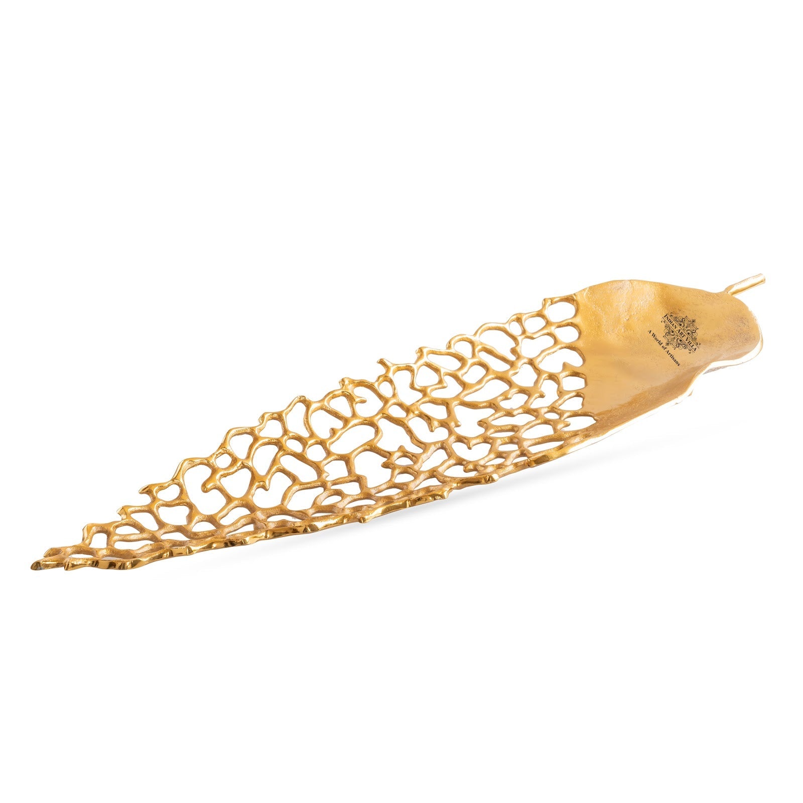Gold Finish Antique Lacquer Matte Leaf Cutting Design Tray – 79 cm Decorative Accent, Elegant Serving Tray for Home