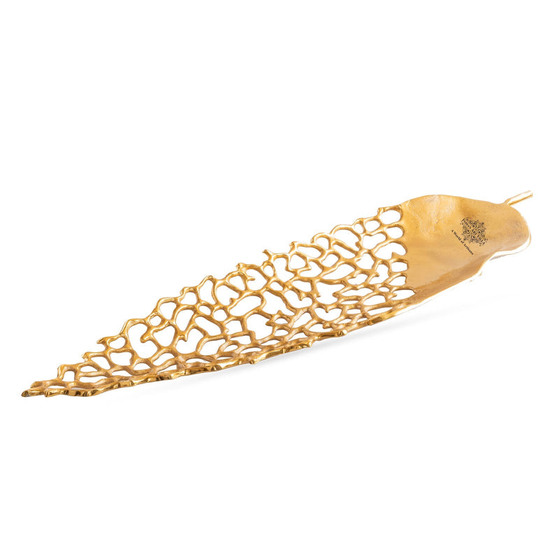 Gold Finish Antique Lacquer Matte Leaf Cutting Design Tray – 79 cm Decorative Accent, Elegant Serving Tray for Home