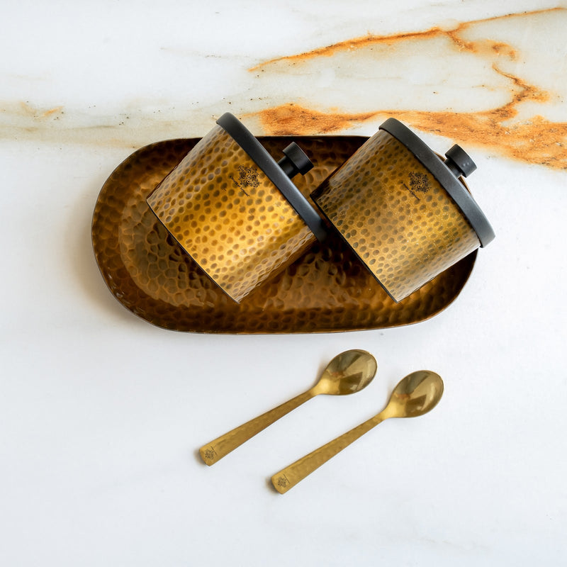 Antique Hammered Brass Finish Condiment Bowl Set of 2 with Lid & Spoon