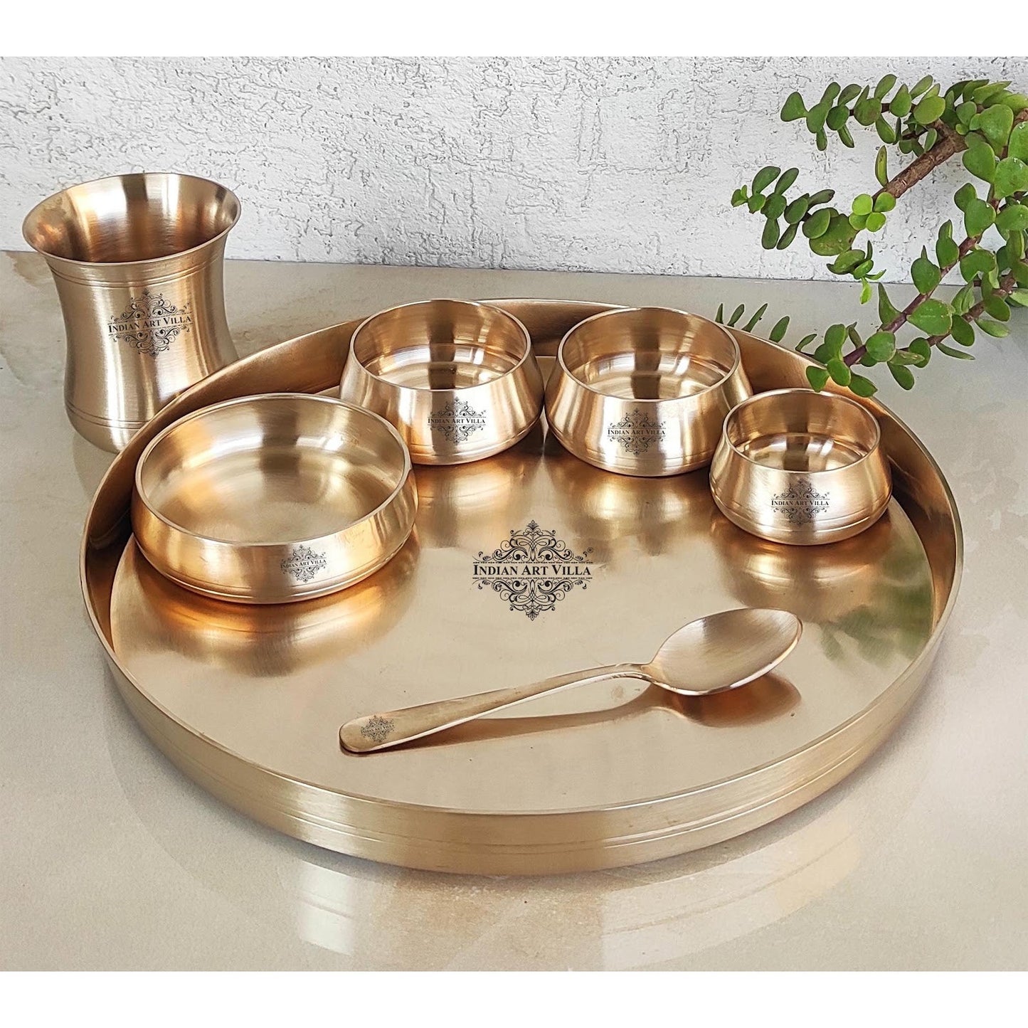 Handcrafted Pure Bronze Curve Shaped 7 Pieces Dinner Set | Thali Set with  Mirror Shine Finish