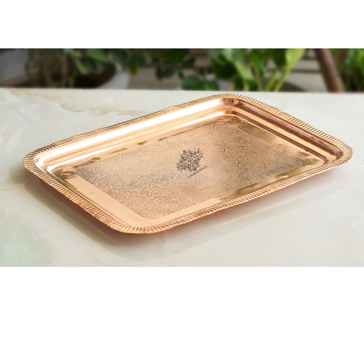 Pure Copper Embossed Flower Design Rectangular Tray - 26.92 cm Length