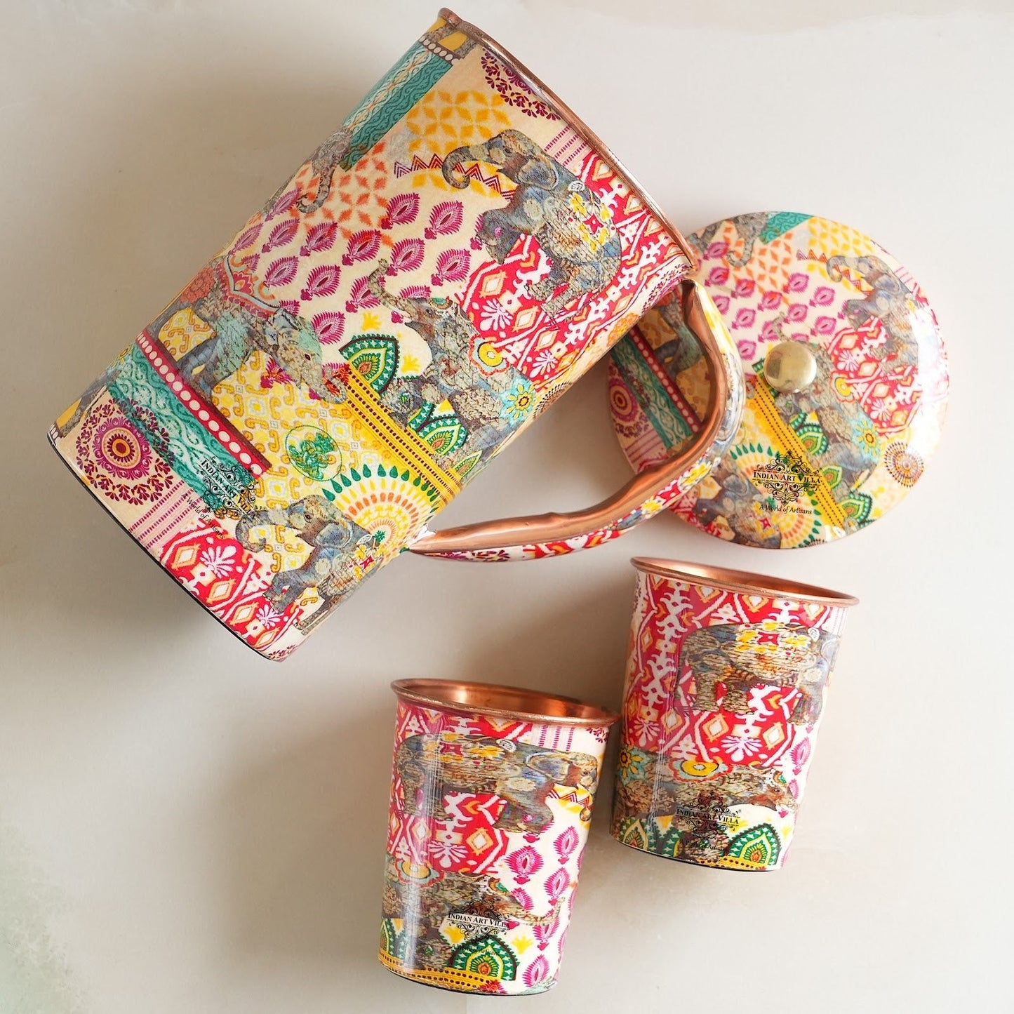 Pure Copper Printed Padharo Mhare Desh Jug & Glass Gift Set