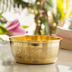 Pure Brass Embossed Design Flat Bottom Bowl, Decorative Dinnerware, Tableware and Serveware for Home Hotel Restaurant, Volume-200 ml