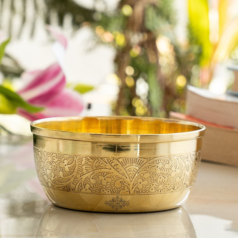 Pure Brass Embossed Design Flat Bottom Bowl, Decorative Dinnerware, Tableware and Serveware for Home Hotel Restaurant, Volume-200 ml