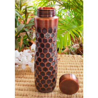 Copper Water Bottle with Antique Dark Embossed Finish & Honeycomb Design