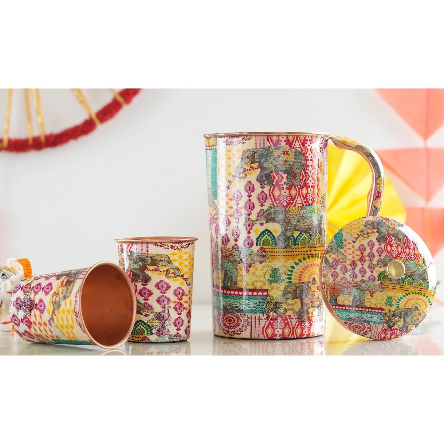 Pure Copper Printed Padharo Mhare Desh Jug & Glass Gift Set