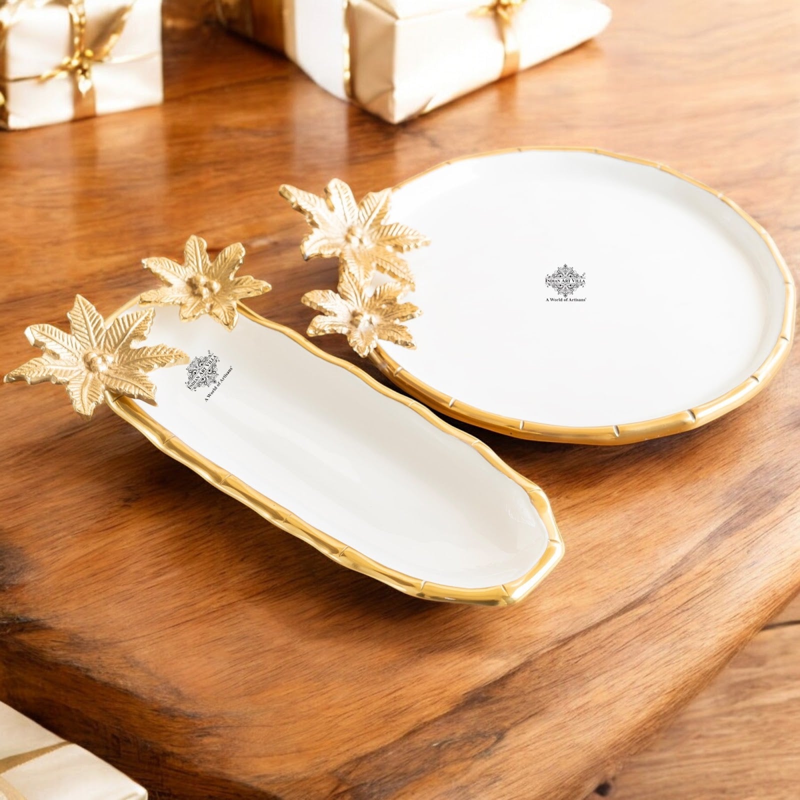 Brass Finish Decorative Serving Platter with Flower Design, Luxurious Serveware for Home Décor