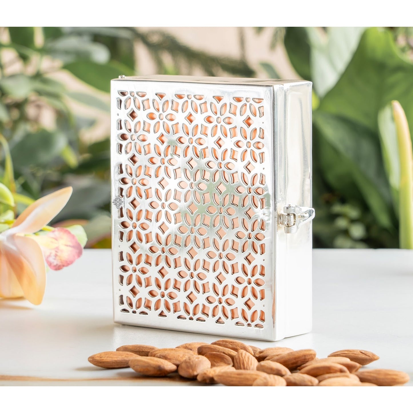 Silver Plated Multi-Purpose Box with Jali Cutting Design, Elegant Silver & Copper Finish