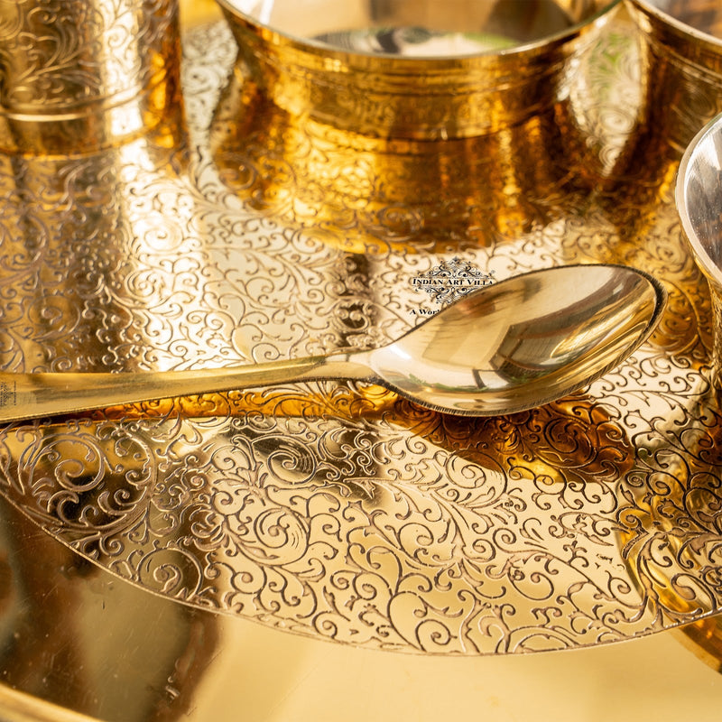 Solid Brass Dinner Set 6Pc - Thali, 2 Bowls, Plate, Spoon, Glass