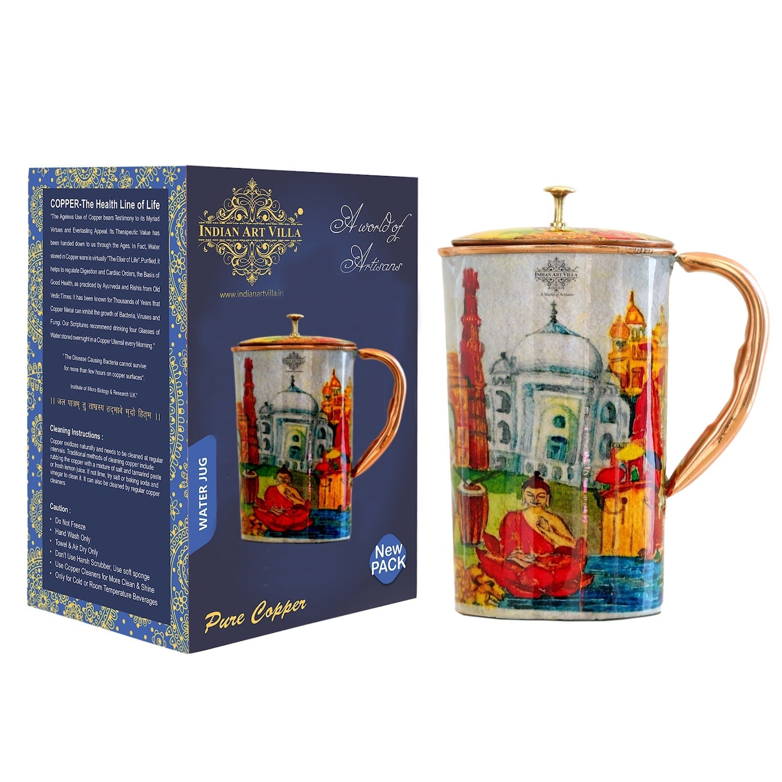 Pure Copper Printed Jug - Padharo Mhare Desh Design
