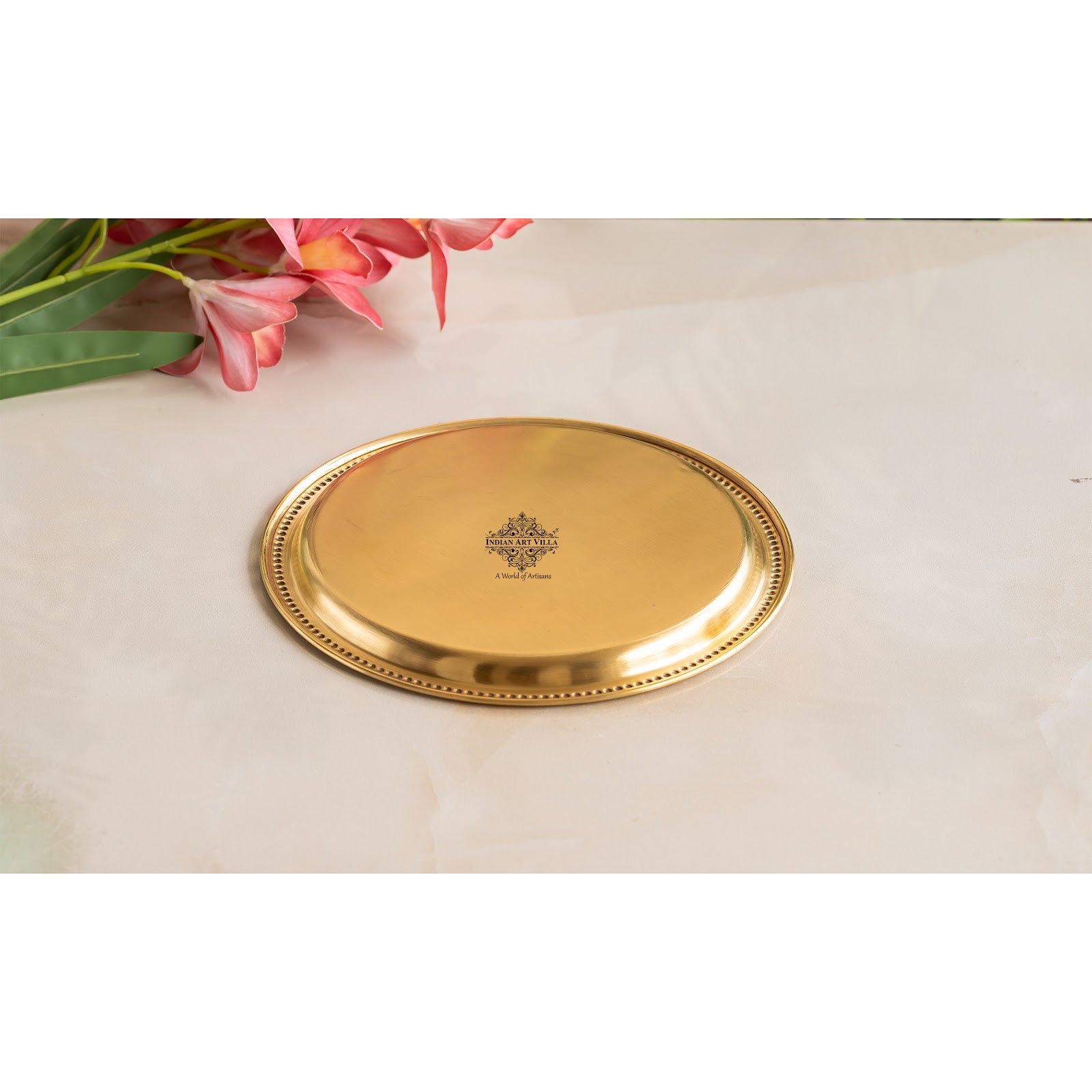 Brass Thali Plate  Antique Matte Finish with Double Ring Floral Design, Perfect for Puja, Festive Gifting, and Home Decor