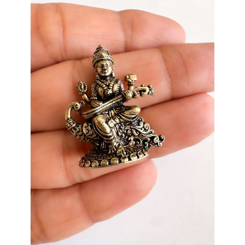 Brass Miniature Saraswati Ji Murti on Peacock - 2.90 CM
