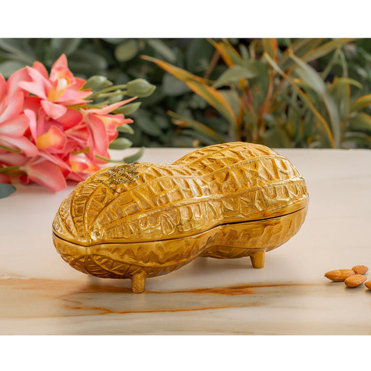 Gold Finish Peanut Design Decorative Box, Unique Storage for Dry Fruits