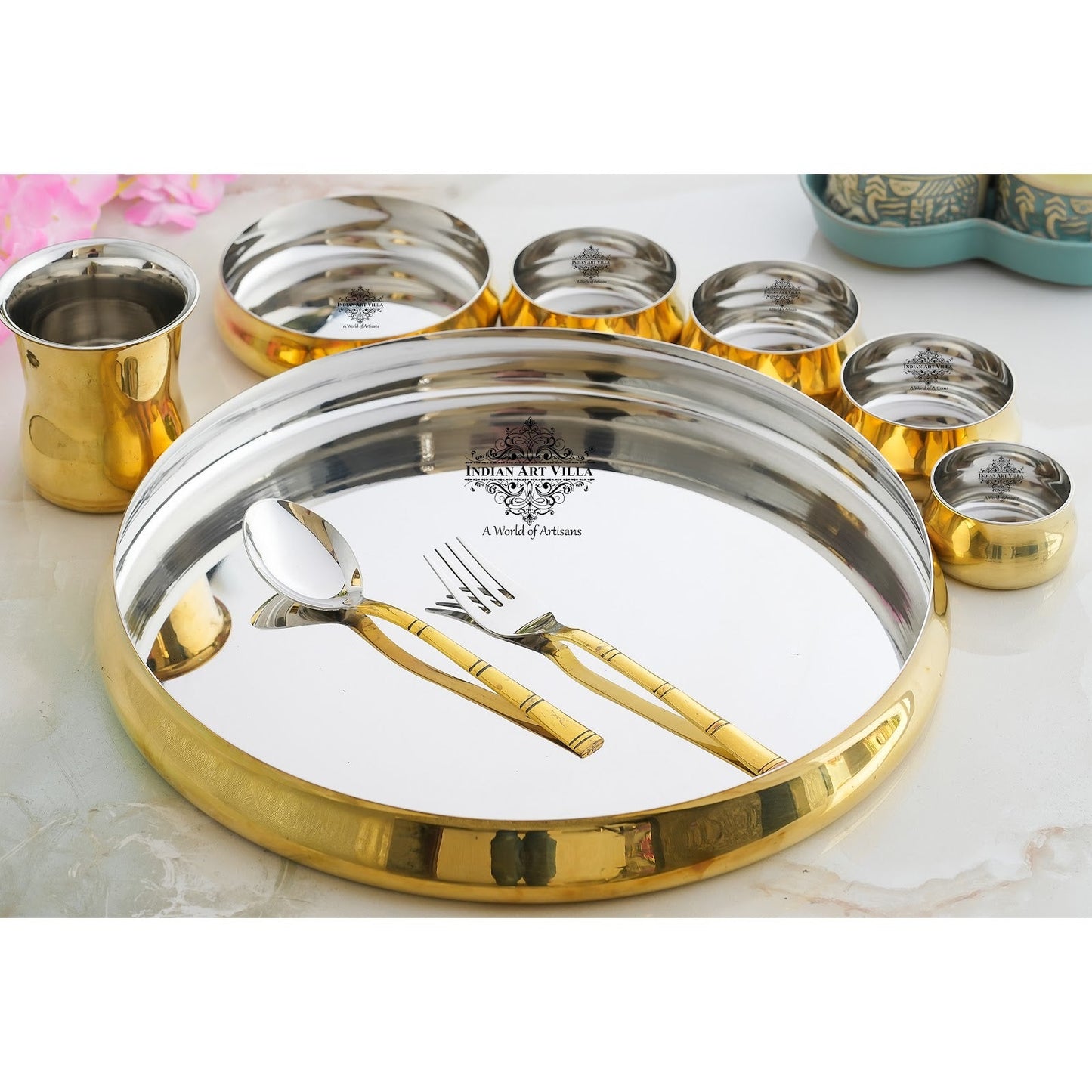 Steel Brass Curve Thali Set 9 Piece, Hammered Antique Finish Design Dinner Set