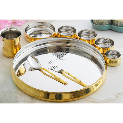 Steel Brass Curve Thali Set 9 Piece, Hammered Antique Finish Design Dinner Set