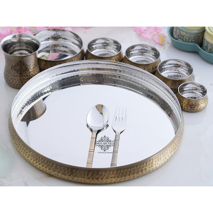 Steel Brass Curve Thali Set 9 Piece, Hammered Antique Finish Design Dinner Set