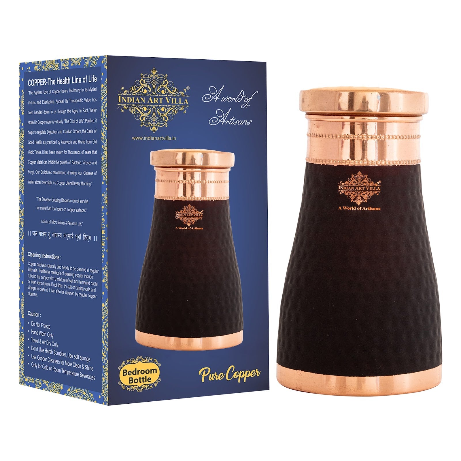 Pure Copper Hammered  Silk Finish Bedroom Bottle with Inbuilt Glass