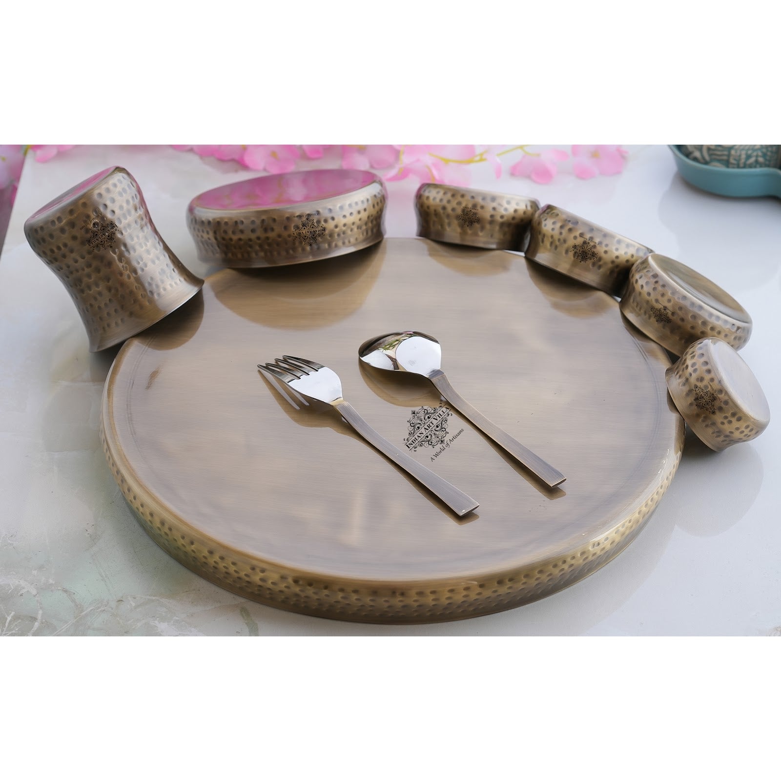 Steel Brass Curve Thali Set 9 Piece, Hammered Antique Finish Design Dinner Set