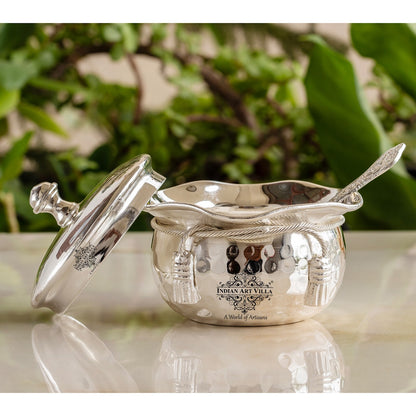 Silver-Plated Hammered Bowl with Lid & Spoon - Elegant Gift Box Set for Special Occasions