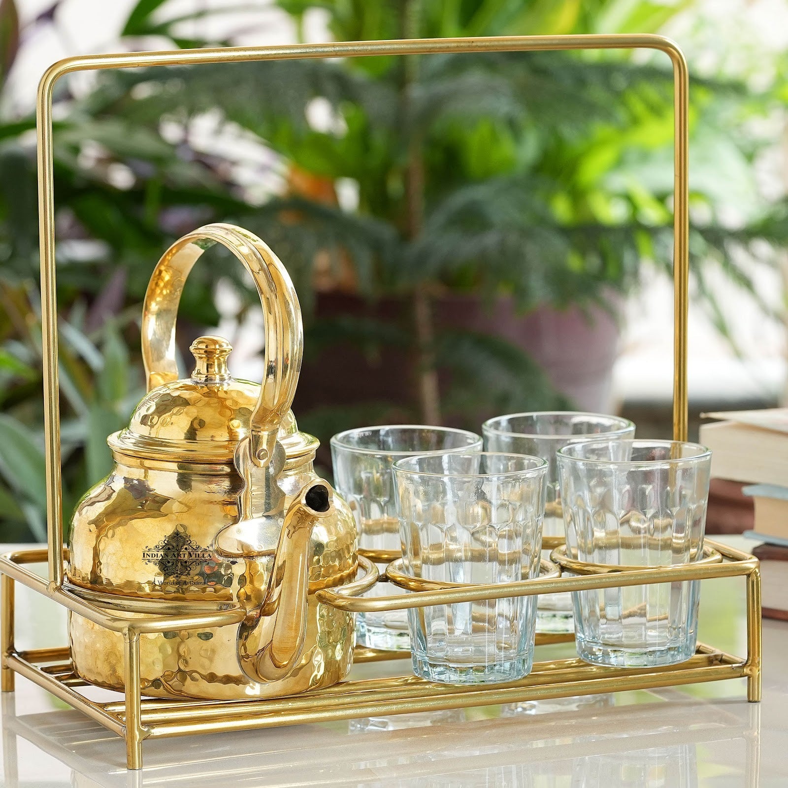 Handcrafted Pure Brass Hammered Tea Pot with Brass Stand with 4 Glass Tea Cup