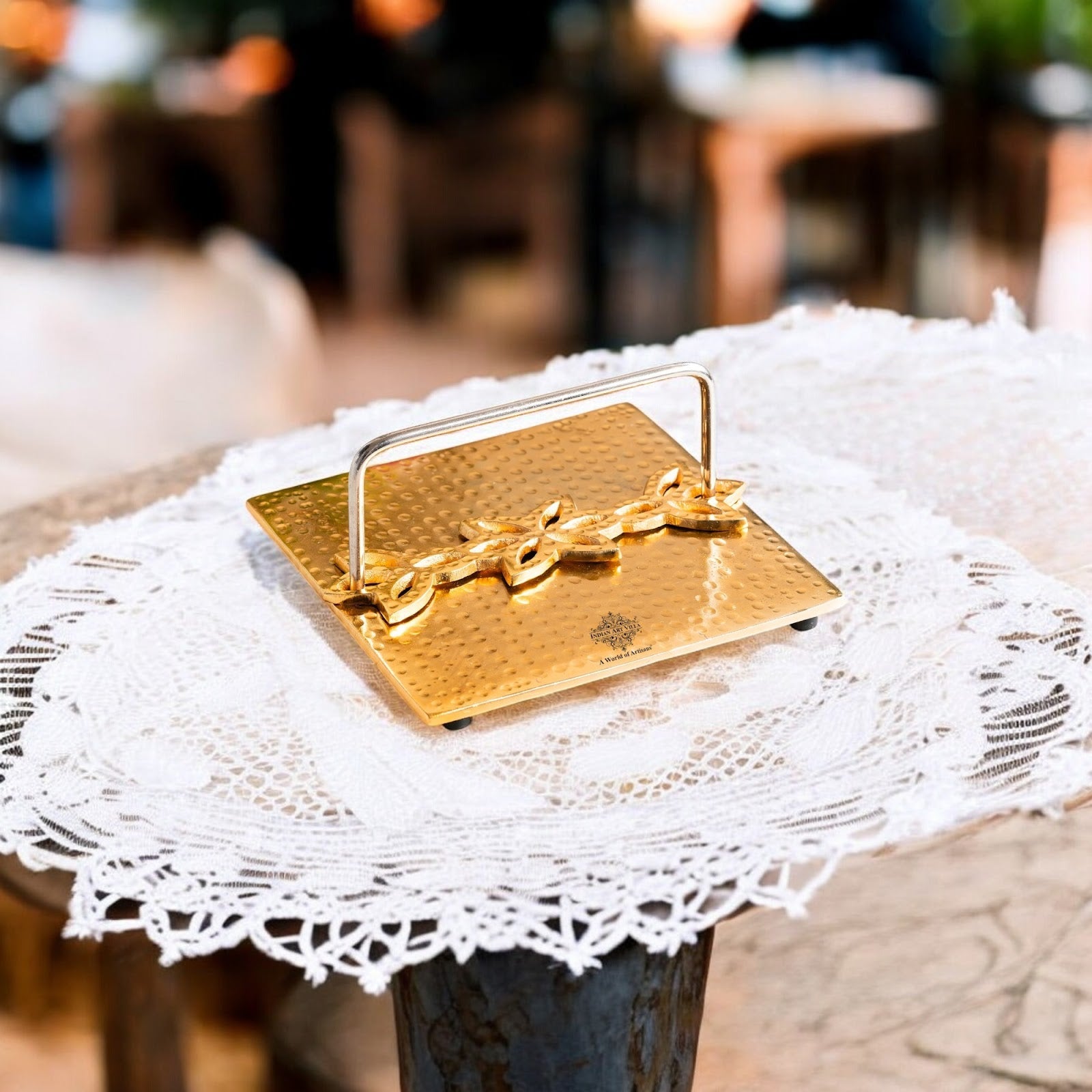 Brass Finish Hammered Napkin Holder with Floral Design - Elegant Table Accessory for Dining, Kitchen, Office, and Gifting