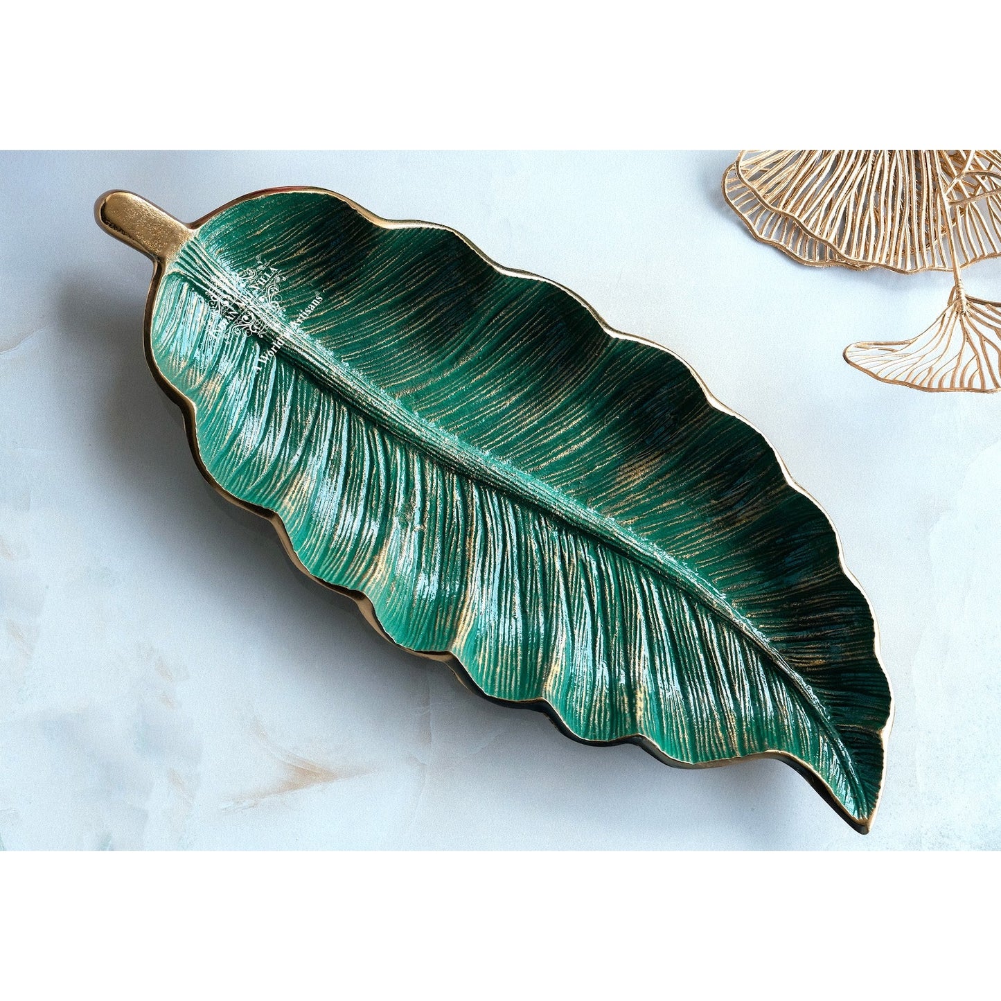 Gold Finish Green Leaf Design Decorative Platter – 43 Cm Banana Leaf Shaped Tray for Home Décor