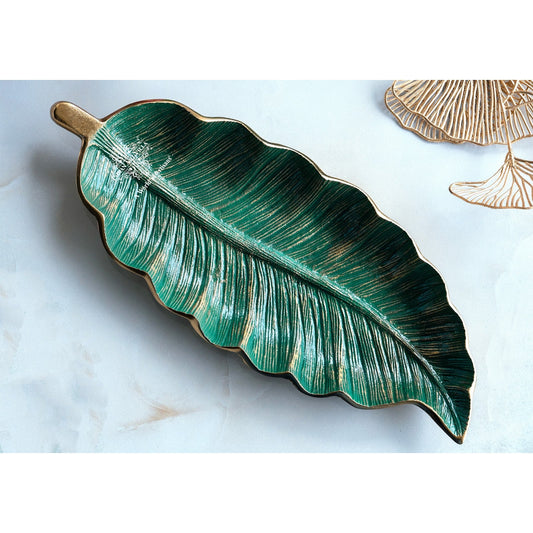 Gold Finish Green Leaf Design Decorative Platter – 43 Cm Banana Leaf Shaped Tray for Home Décor