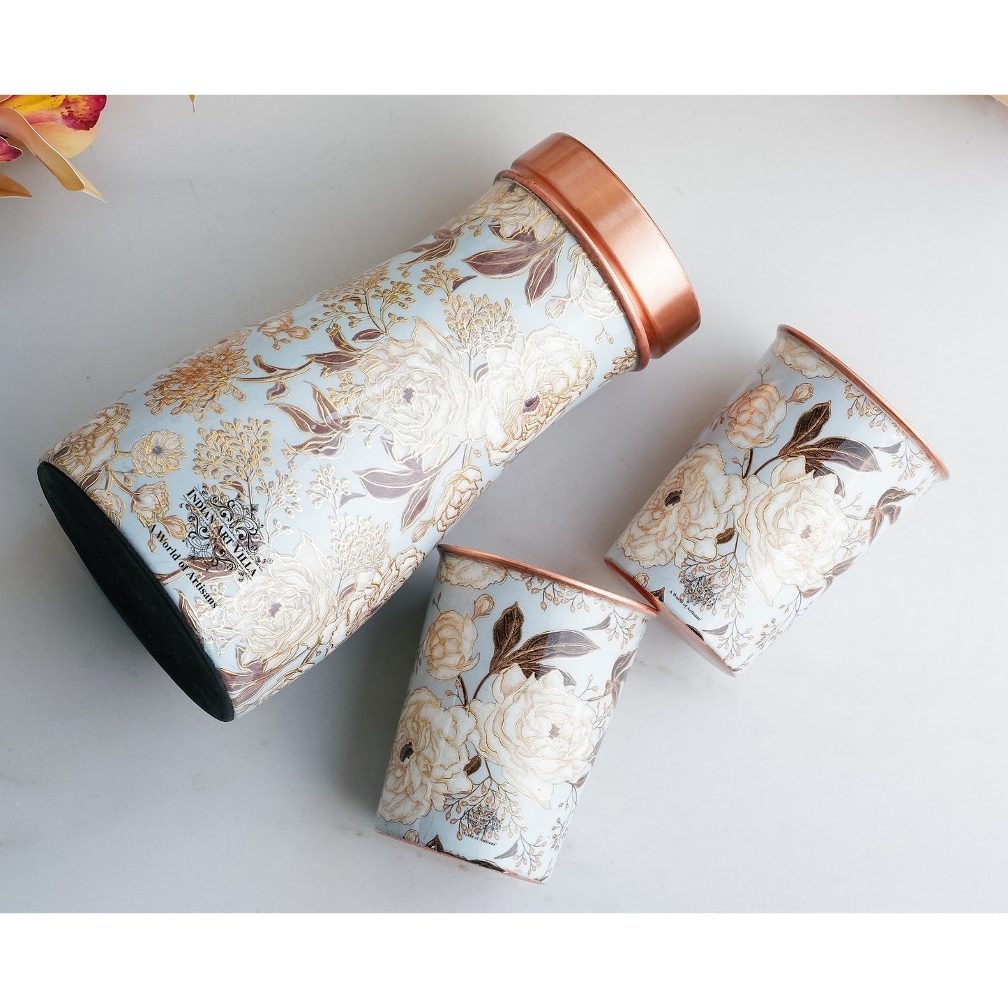 Copper Gold Printed Bedroom Bottle with 2 Glass Set – 900 ML Bottle & 300 ML Glass