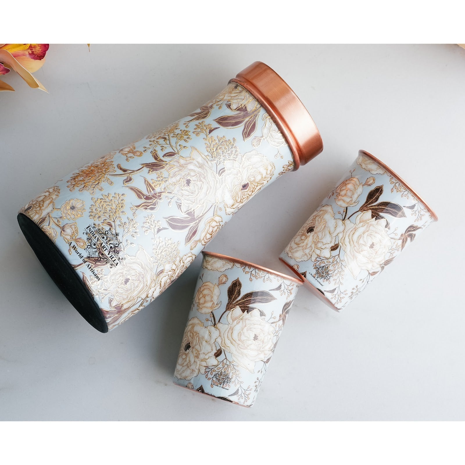 Copper Gold Printed Bedroom Bottle with 2 Glass Set – 900 ML Bottle & 300 ML Glass