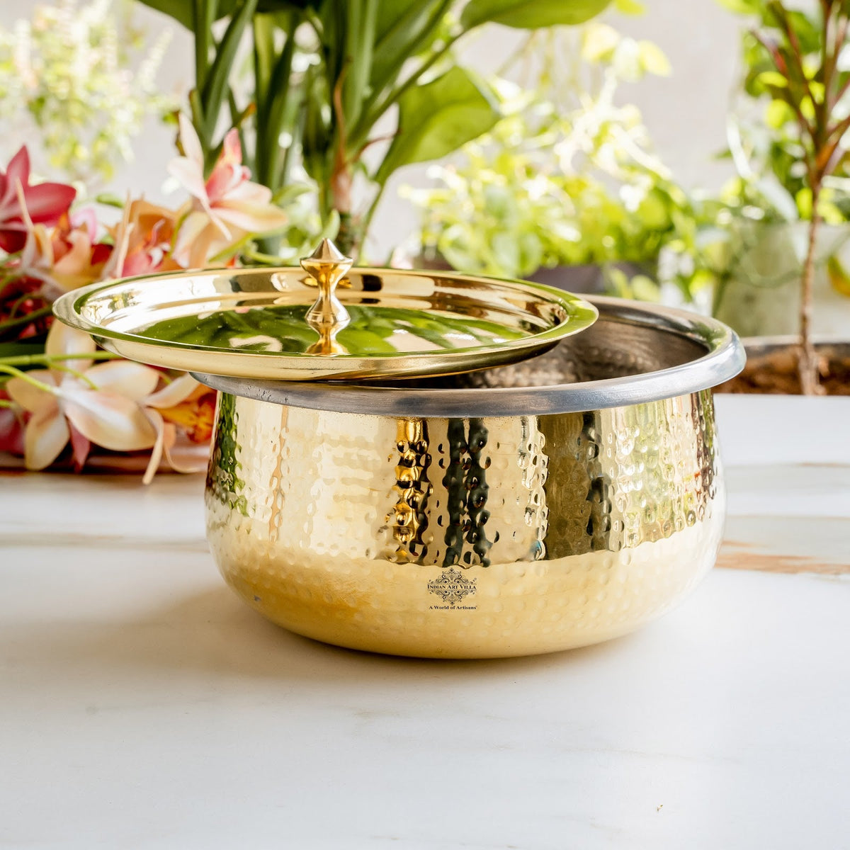 Pure Brass Cooking Handi, Hammered Design with Lid