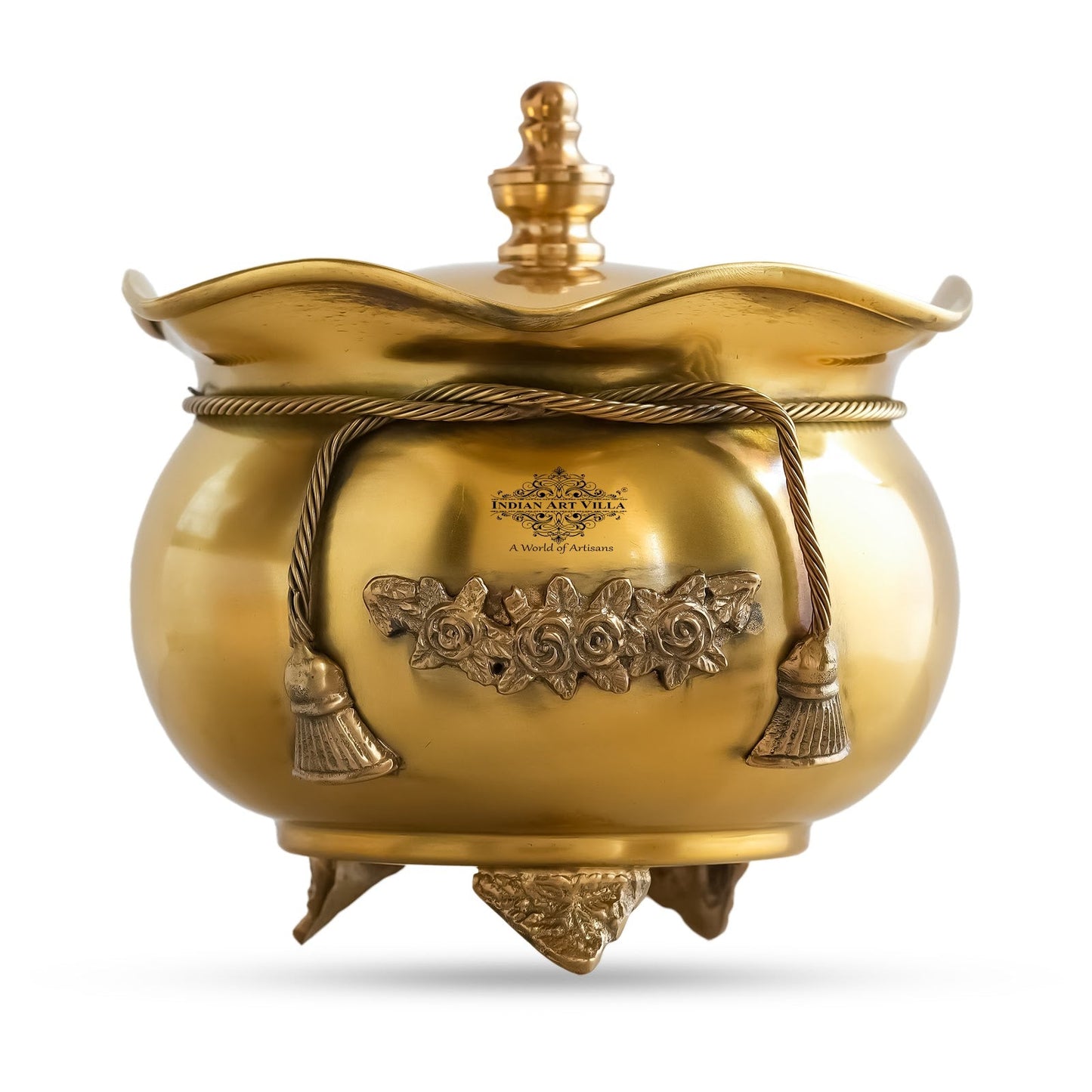 Pure Brass Floral Design Decorative Handi with Lid