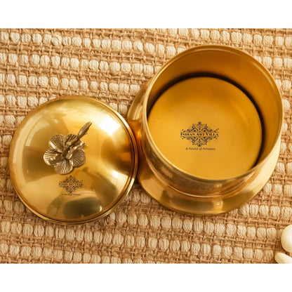 Brass Embossed Dign Jar with leaf knob on lid, Brass Decorative Storage Box